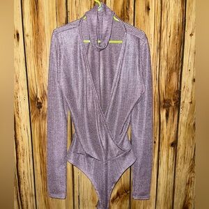 Charlotte Russe Ribbed Wrap Bodysuit w Built In Choker Mauve Shimmer S